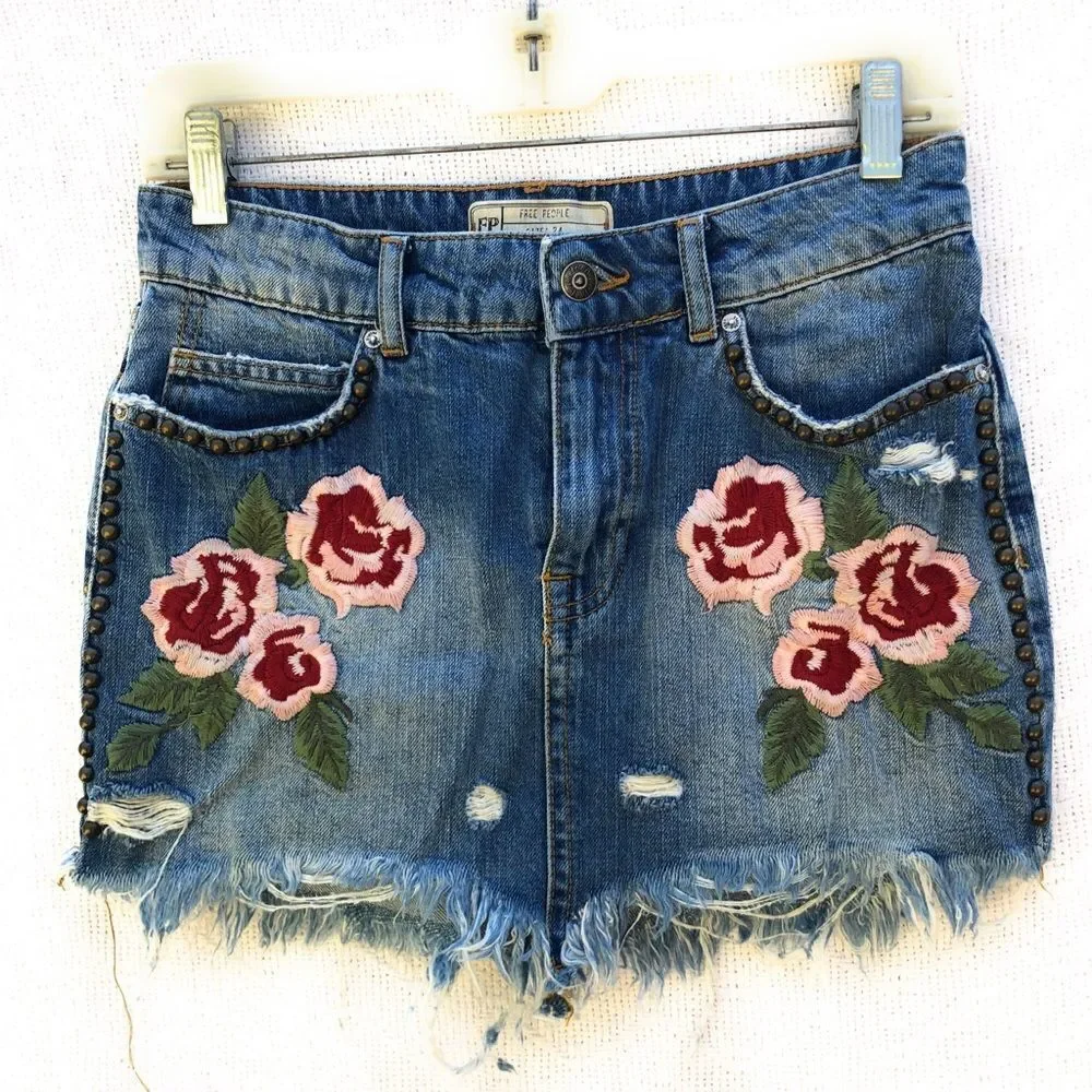 Free People‎ Embroidered Denim Mini Skirt